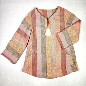 Soft Surrondings Women's Meca Tunic XS Pockets Coral/Lavender Stripes Tassel Zip